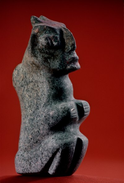 Seated Carved Stone Figurine with Traces of Paint, Tenochtitlan, Templo Mayor, Aztec, 2010 (photo) by Kenneth Garrett