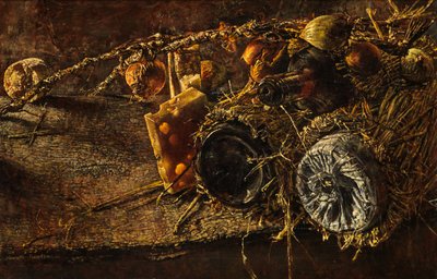 Still Life with Cheese and Bottles by Kenneth Newton