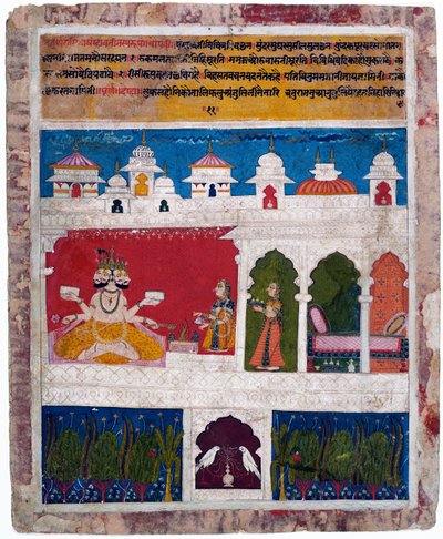A lady on a terrace offers the ancient Vedic ritual sacrifice to Brahma by Khambavati Ragini