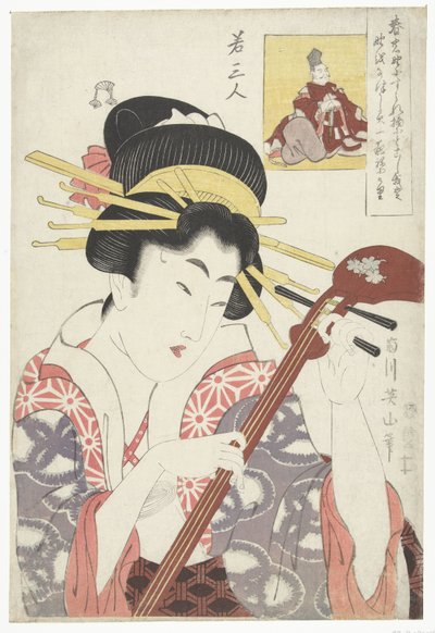 Woman with Shamisen, Three Young Poets (series title) by Kikugawa Eizan