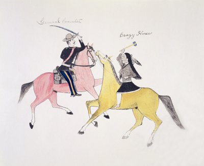 Symbolic portrayal of the conflict between the Indians and the whites as represented by their two most famous leaders, General Custer and Crazy Horse by Kills Two