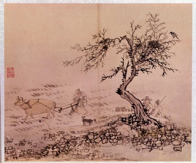 Korean art: scene of plowing by Kim Hong Do