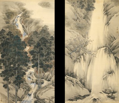 Waterfall in Spring and Autumn (set of two hanging scrolls), 1893 by Kishi Chikudo