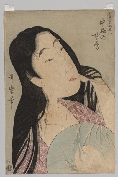 Bust of Woman with Loose Hair Holding Fan by Kitagawa Utamaro