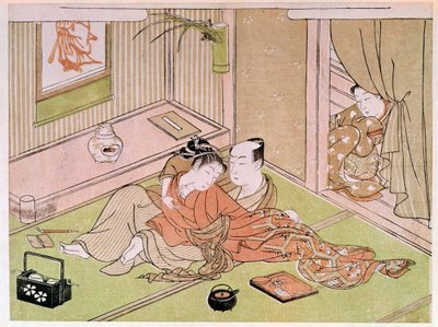 Couple caressing under the gaze of the handmaid by Kitagawa Utamaro