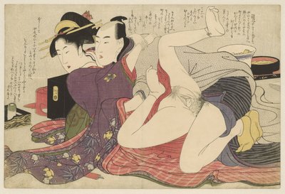 Geisha in Kimono with Long Sleeves and Her Lover by Kitagawa Utamaro