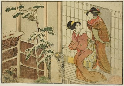 Two Women on Verandah on a Snowy Morning, from the illustrated book "Picture Book: Flowers of the Four Seasons," vol. 2 by Kitagawa Utamaro