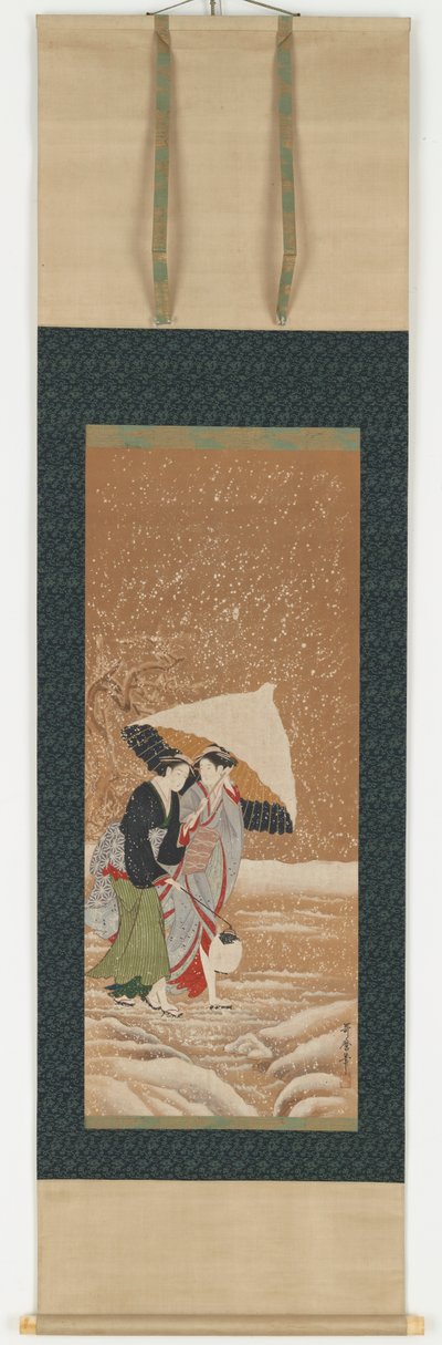 Two Girls Under Umbrella in Snowstorm by Kitagawa Utamaro