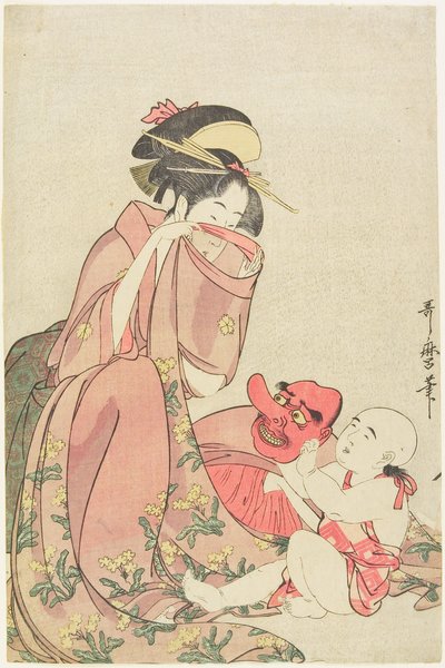 Woman Playing with a Child with a Tengu Mask by Kitagawa Utamaro