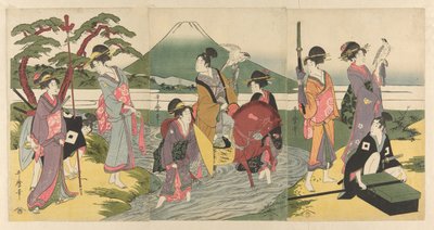 Young man and his party crossing a stream before Mt. Fuji by Kitagawa Utamaro