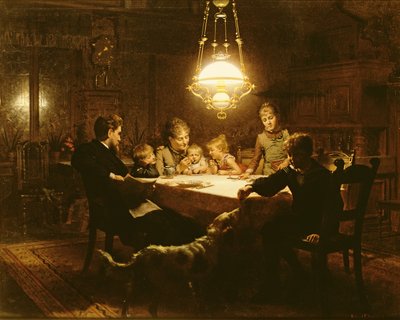 Family Supper in the Lamp Light, 19th Century by Knut Ekvall