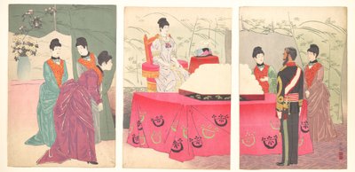 Illustration of the Empress Visiting the General Staff Headquarters [to Present a Tray of Bandages] (Sanbō honbu gyōkei no zu) by Kobayashi Kiyochika