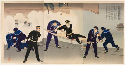 Struggling Hard on the Battleship Hatsuse in the Harbor of Port Arthur by Kobayashi Kiyochika