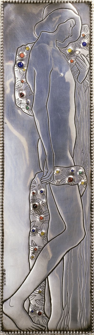 Inset panel of a Weiner Werkstatte white painted single bed depicting a naked androgynous figure (detail) by Koloman Moser
