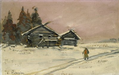 Winter Landscape with Two Wooden Huts by Konstantin Alekseevich Korovin