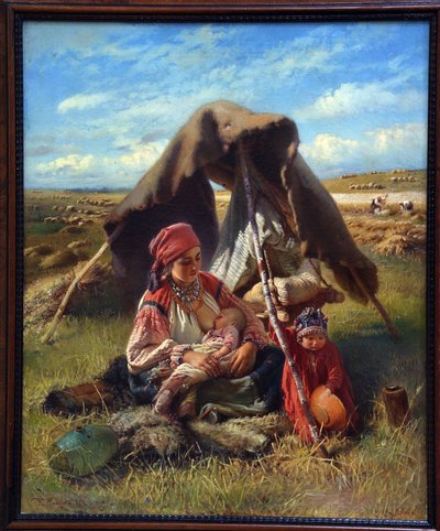 Reaper. During the Harvest, a Woman Nurses Her Newborn While Watching Another Child, with Peasants Working in the Fields in the Background. by Konstantin Egorovich Makovsky
