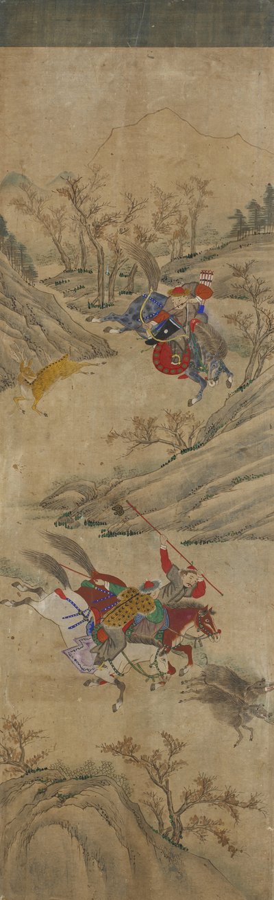Hunting Scene (3 riders and 2 boars) by Korean School