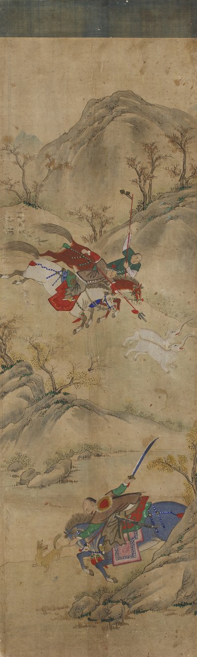 Hunting Scene (3 riders with rabbit and mythical animals) by Korean School