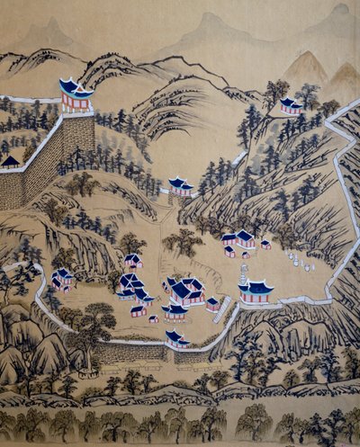 Walled town, detail from screen depicting visit of Governor in P