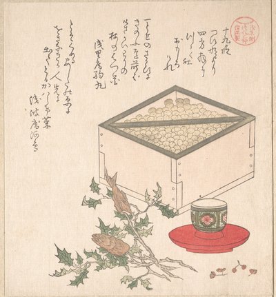 Green Peas in a Measure and Sprays of Hollyhock with Heads of Sardines; Symbols Representing the Ceremony of Exorcising Demons by Kubo Shunman