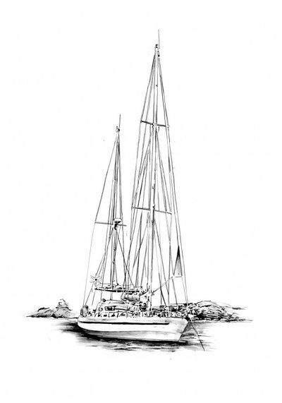 Anchored Sailboat Sketch by Kulik