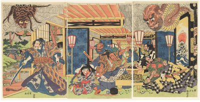 Minamoto no Yorimitsu and His Retainers Defeat the Earth Spider, c. 1804-1818 by Kuninaga Utagawa