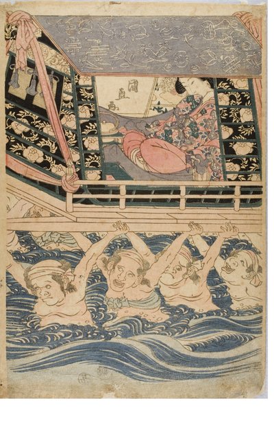 Spring scene of young women on a journey by Kuninaga Utagawa