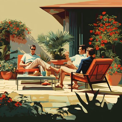 3 Friends Relaxing in the Garden with One or Two Drinks 2 by Kurt Heppke