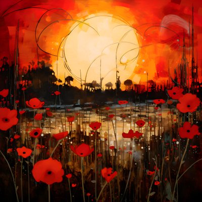 Abstract Landscape Art Featuring a Field of Wildflowers and a Bold Red Sun by Kurt Heppke