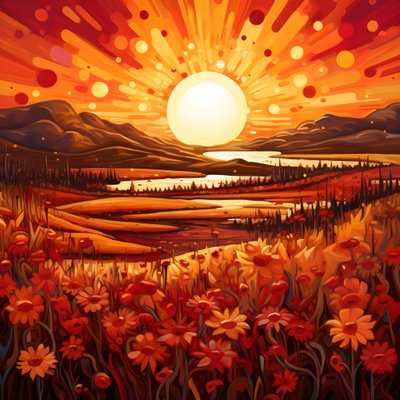 Abstract Landscape Art Featuring a Field of Wildflowers and a Bold Red Sun by Kurt Heppke