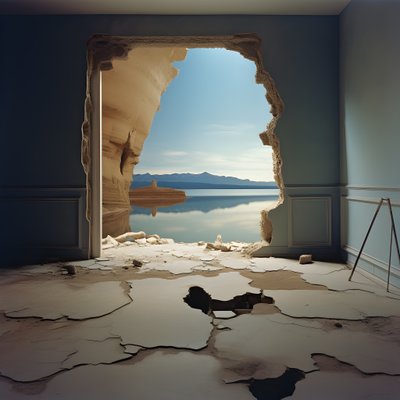 An Image of an Unused Room with Massive Lake and Desert in a Huge Hole Futurecore, High Contrast Chiaroscuro Warm Tones 2 by Kurt Heppke