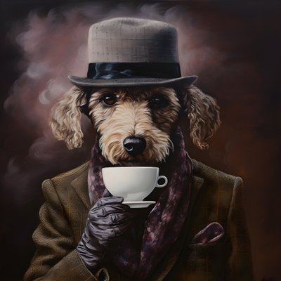 A Cultivated Poodle Drinks a Cup of Tea, Wears a Turtleneck and a Flat Cap, Smoky Background 3 by Kurt Heppke