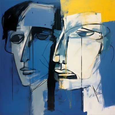 Painting of Two Heads Against a Blue Background 4 by Kurt Heppke