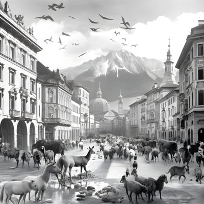 Innsbruck in an Old Photograph with Elegant Zebras, Seagulls, Monkeys, and Clay Figures. 2 by Kurt Heppke