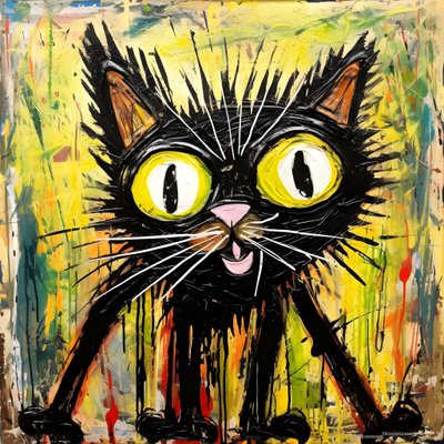 Neo-expressionism of a cartoon cat looking up curiously by Kurt Heppke