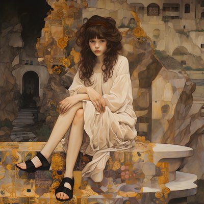 Teenager in Floral Dress and High Skate Shoes, Sitting in a Ruin Through Which a River Flows 1 by Kurt Heppke