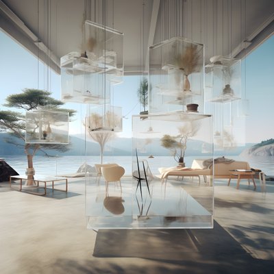 Transparent Building with Island Table by Kurt Heppke