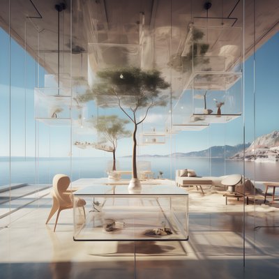 Transparent Building with Island Table by Kurt Heppke