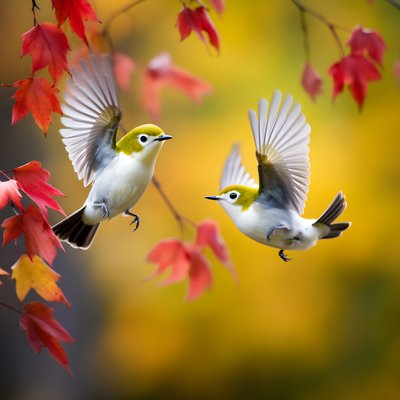 Two super cute green white-eye birds spread their wings and fly in the autumn maple leaves 2 by Kurt Heppke