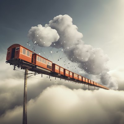 A Fast Moving Social Media Train Flying Through the Clouds Hanging by a Thread 1 by Kurt Heppke