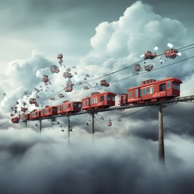 A Fast Moving Social Media Train Flying Through the Clouds Hanging by a Thread 4 by Kurt Heppke