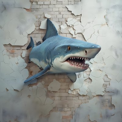A Blue Shark with a Painted Face on an Old Wall by Kurt Heppke