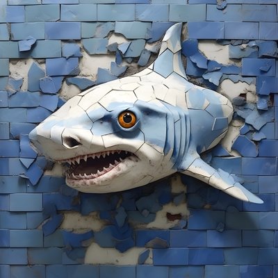 A Blue Shark with a Painted Face on an Old Wall 2 by Kurt Heppke