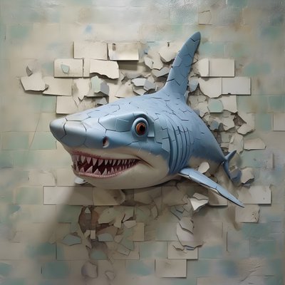 A Blue Shark with a Painted Face on an Old Wall 4 by Kurt Heppke
