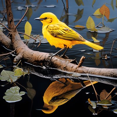 Yellow Bird on a Branch in Water 4 by Kurt Heppke