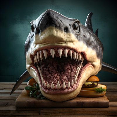 Large Shark Head Cheeseburger with Beef on Wooden Board 1 by Kurt Heppke