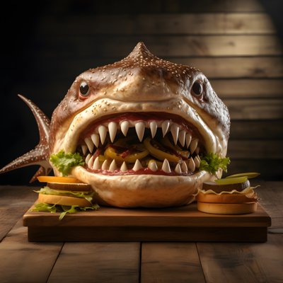 Large Shark Head Cheeseburger with Beef on Wooden Board 2 by Kurt Heppke