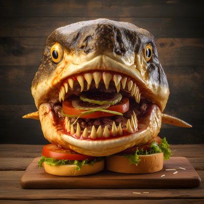 Large Shark Head Cheeseburger with Beef on Wooden Board 4 by Kurt Heppke