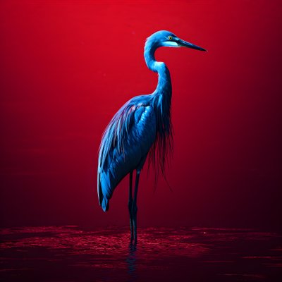 Synthwave Digital Fine Art Piece of an Exotic Cobalt Blue Egret on Red Paper 1 by Kurt Heppke