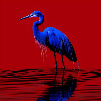Synthwave Digital Fine Art Piece of an Exotic Cobalt Blue Egret on Red Paper 2 by Kurt Heppke